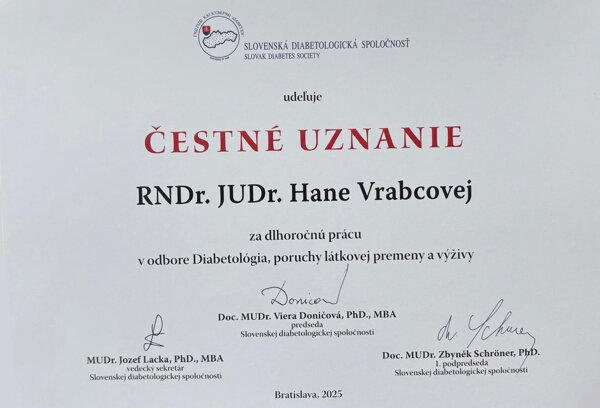 Čestné uznanie za dlhoročnú prácu v odbore Diabetológia, poruchy látkovej premeny a výživy